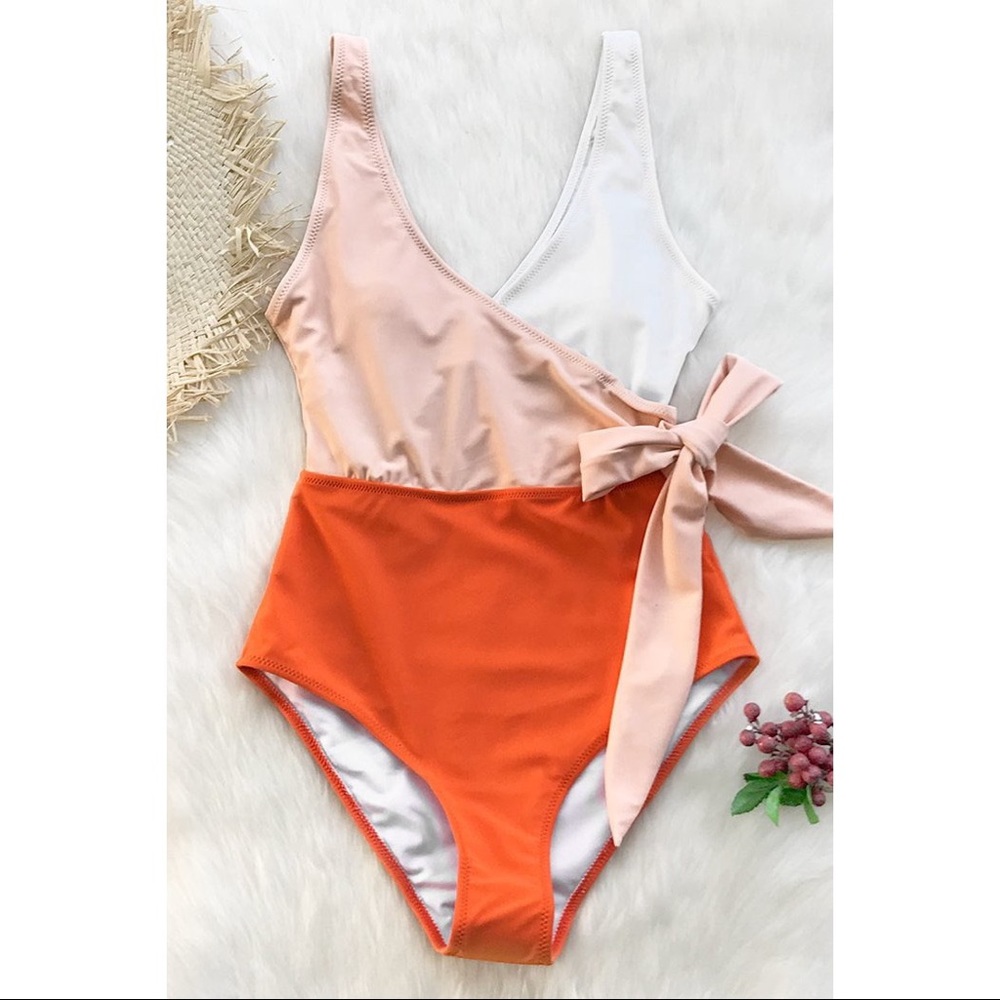 ORANGE AND WHITE BOWKNOT ONE-PIECE SWIMSUIT